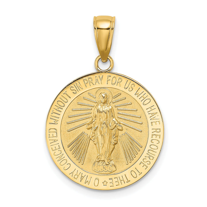 14K Yellow Gold Polished Satin Miraculous Medal Round Charm