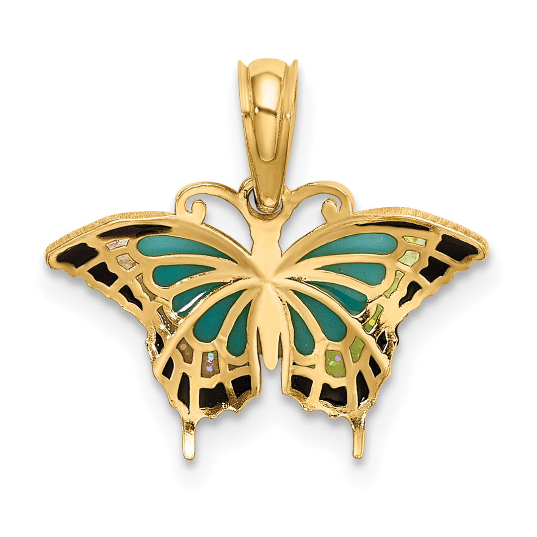 14K Yellow Gold Black, Blue Enameled Butterfly Pendant