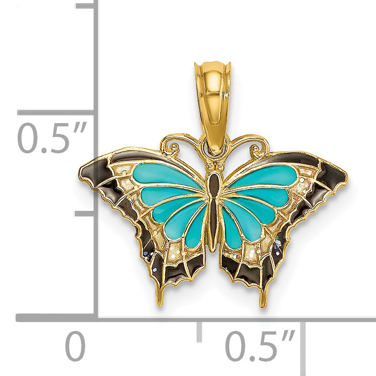 14K Yellow Gold Black, Blue Enameled Butterfly Pendant