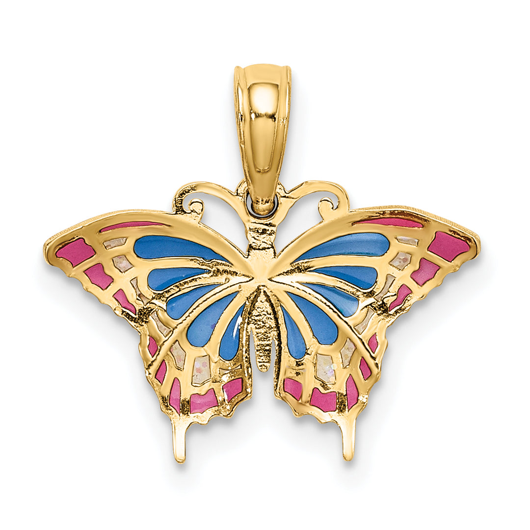 14K Yellow Gold Blue Red Enamel Butterfly Charm Pendant