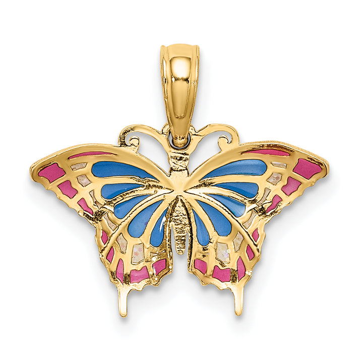 14K Yellow Gold Blue Red Enamel Butterfly Charm Pendant