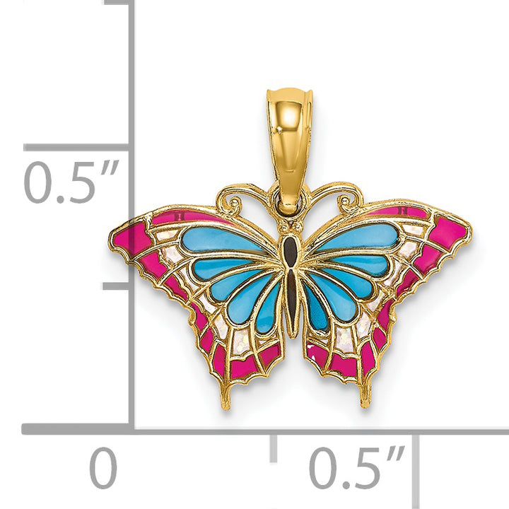 14K Yellow Gold Blue Red Enamel Butterfly Charm Pendant