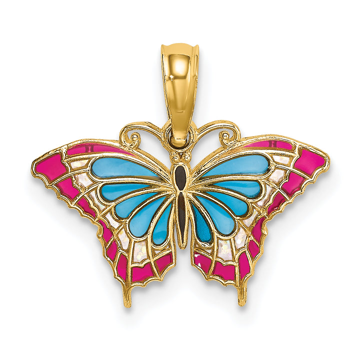 14K Yellow Gold Blue Red Enamel Butterfly Charm Pendant