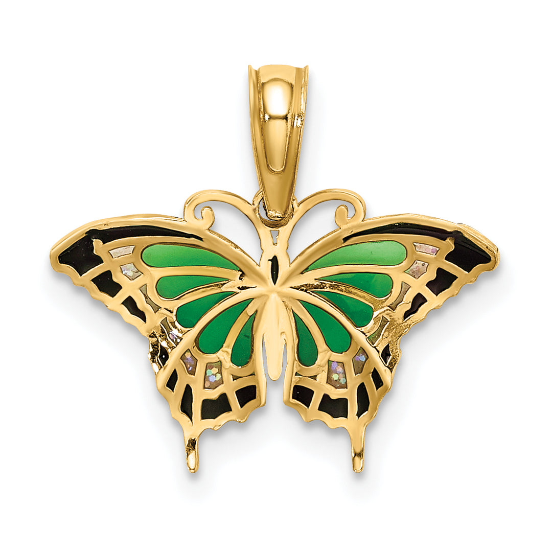14K Yellow Gold Green, Black Enameled Butterfly Charm Pendant