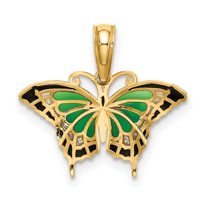 14K Yellow Gold Green, Black Enameled Butterfly Charm Pendant