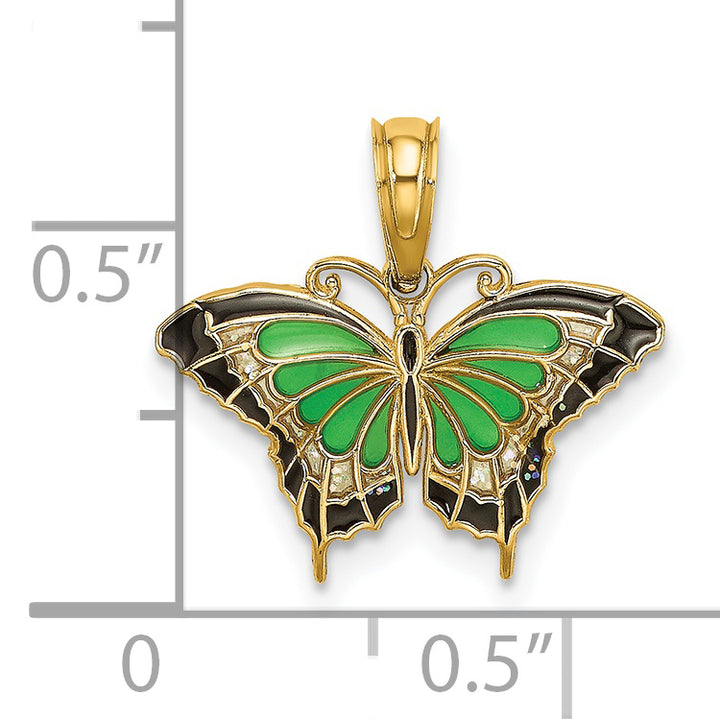 14K Yellow Gold Green, Black Enameled Butterfly Charm Pendant