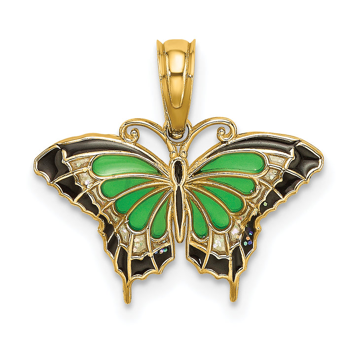 14K Yellow Gold Green, Black Enameled Butterfly Charm Pendant
