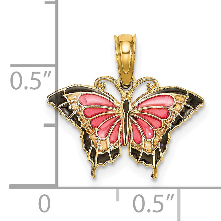14K Yellow Gold Multi-Color Enameled Butterfly Charm Pendant