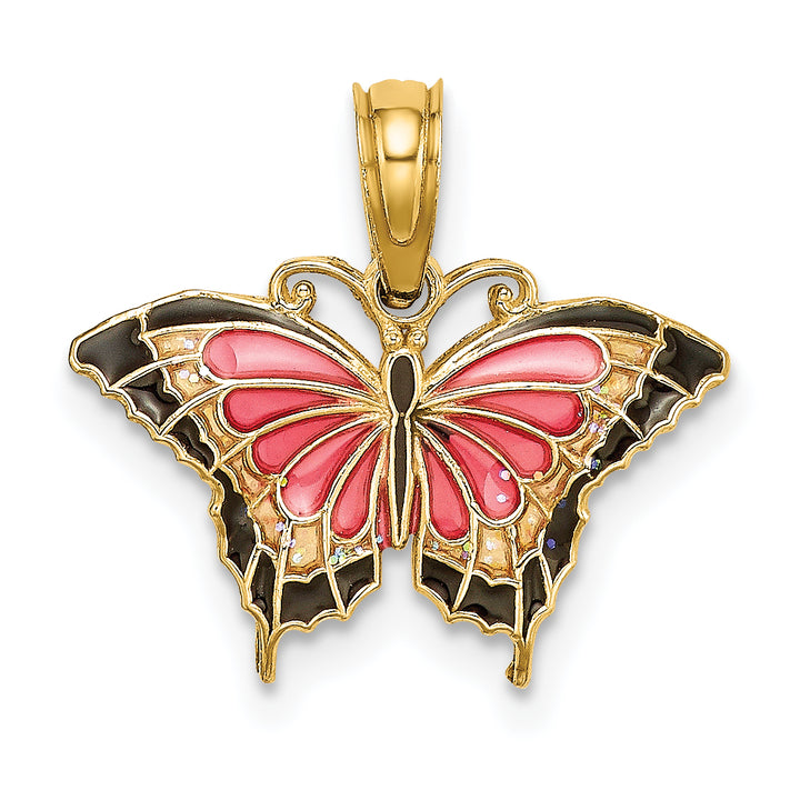 14K Yellow Gold Multi-Color Enameled Butterfly Charm Pendant