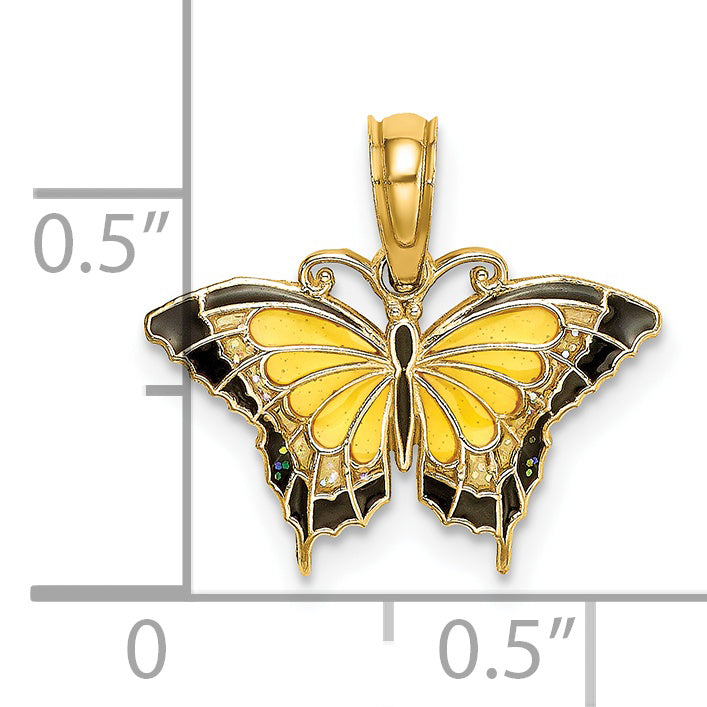14K Yellow Gold Black, Yellow Enameled Butterfly Pendant