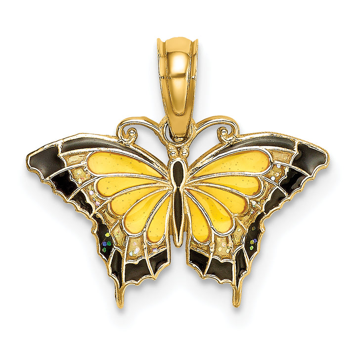 14K Yellow Gold Black, Yellow Enameled Butterfly Pendant