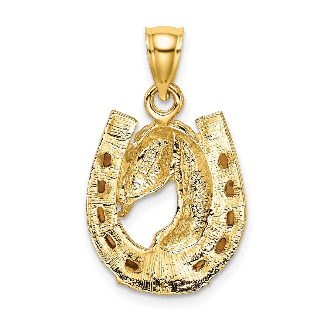 14K Yellow Gold Brown Horse Head In Horseshoe Charm Pendant