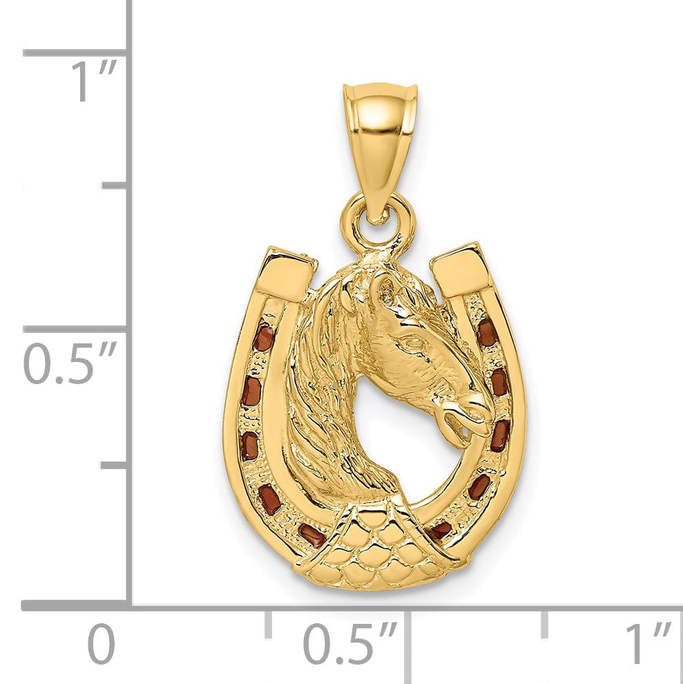 14K Yellow Gold Brown Horse Head In Horseshoe Charm Pendant