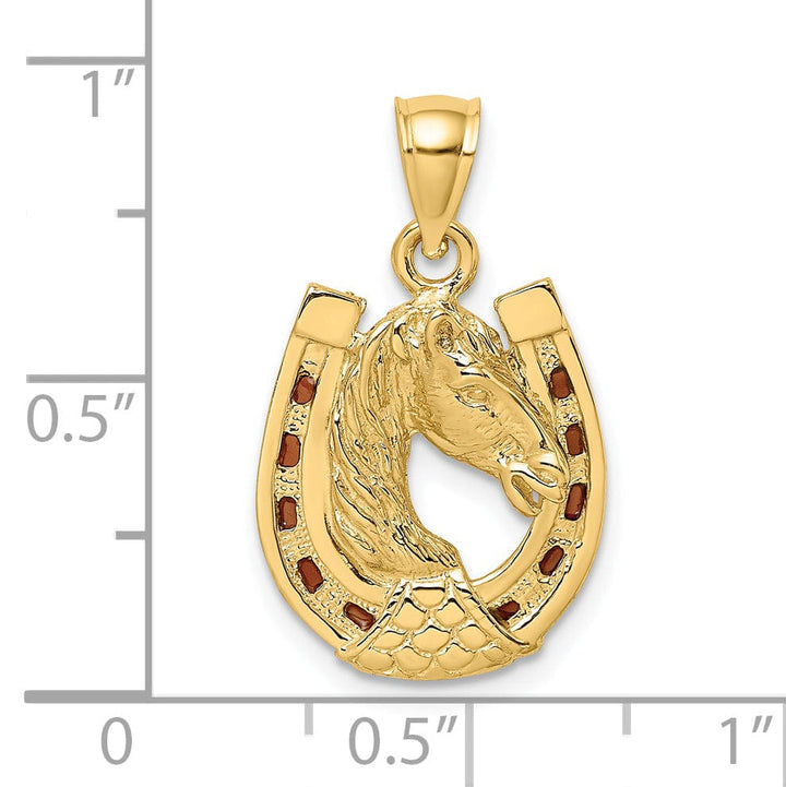 14K Yellow Gold Brown Horse Head In Horseshoe Charm Pendant