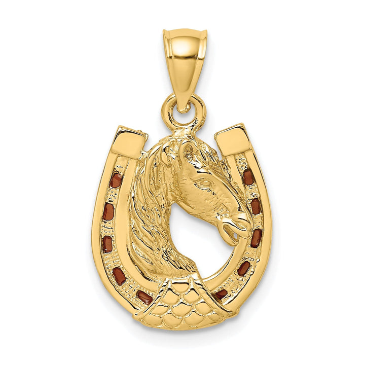 14K Yellow Gold Brown Horse Head In Horseshoe Charm Pendant