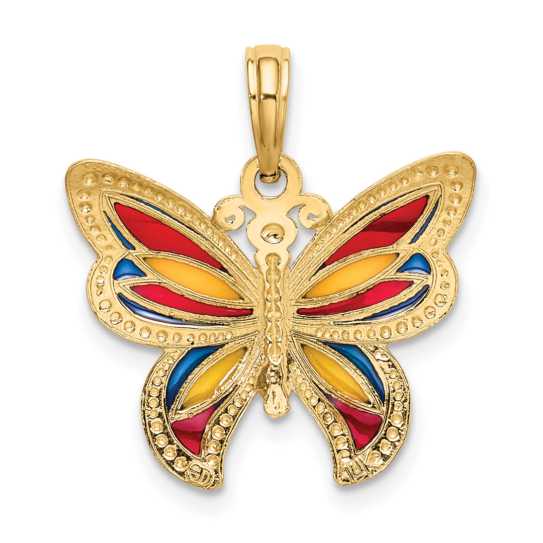 14K Yellow Gold Multi-Color Enameled Beaded Wings Butterfly Pendant
