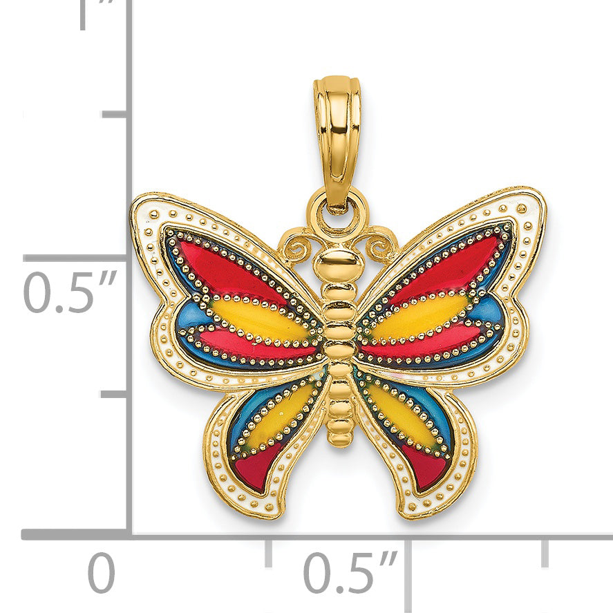 14K Yellow Gold Multi-Color Enameled Beaded Wings Butterfly Pendant