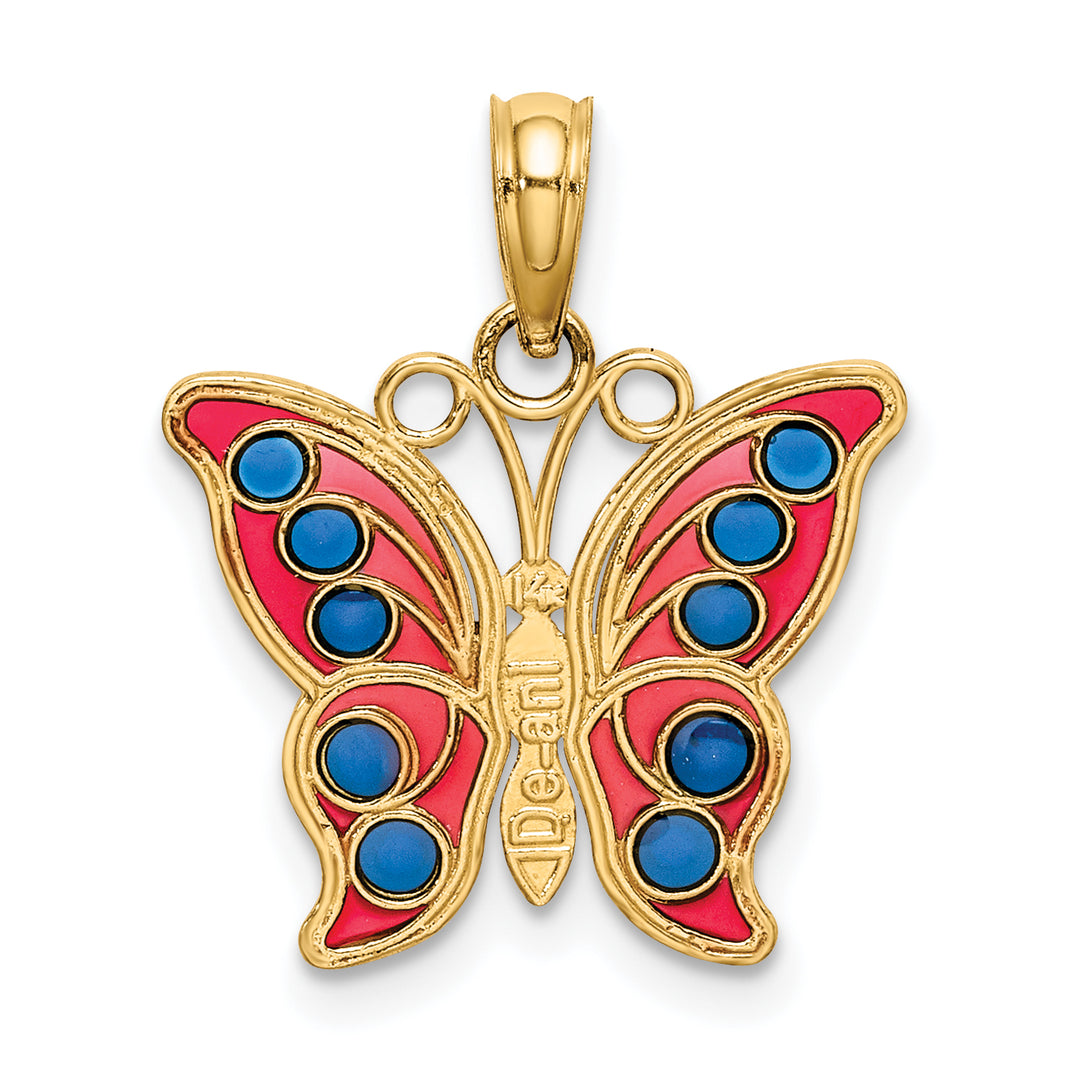 14K Yellow Gold Red Blue Enameled Filigree Butterfly Charm Pendant