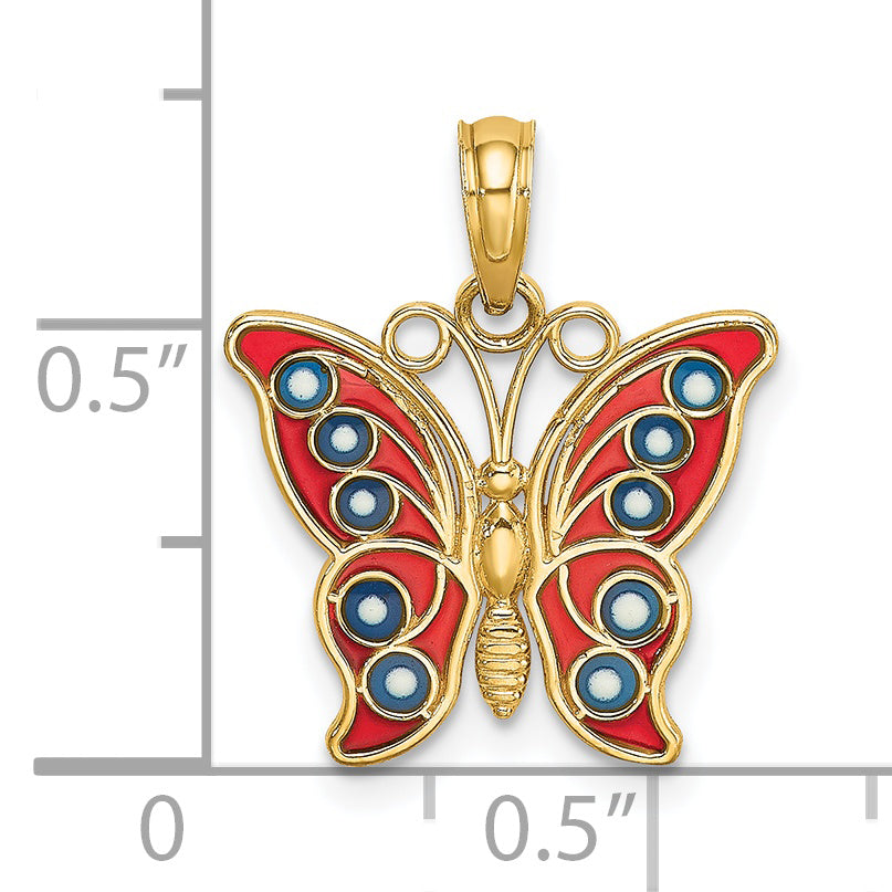 14K Yellow Gold Red Blue Enameled Filigree Butterfly Charm Pendant