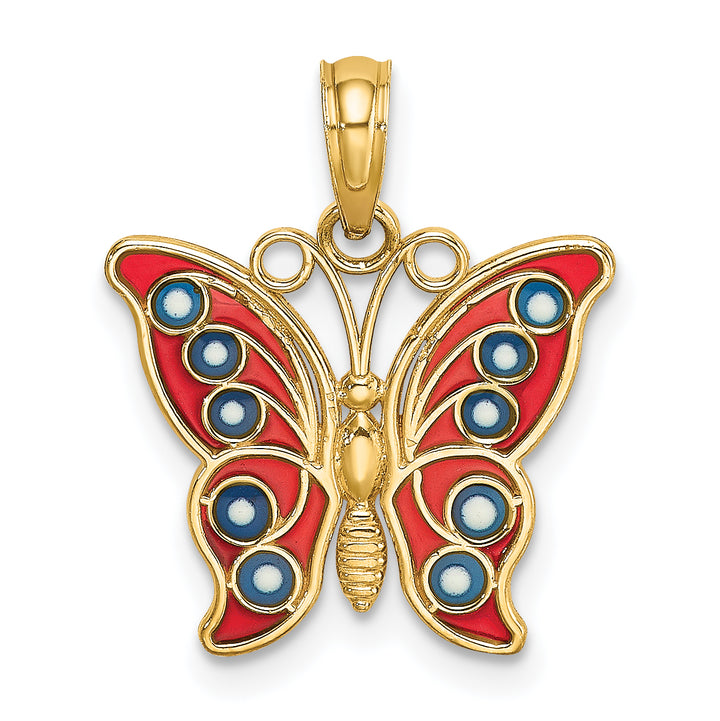 14K Yellow Gold Red Blue Enameled Filigree Butterfly Charm Pendant