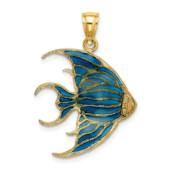 14K Yellow Gold Blue Enameled Angelfish Charm Pendant