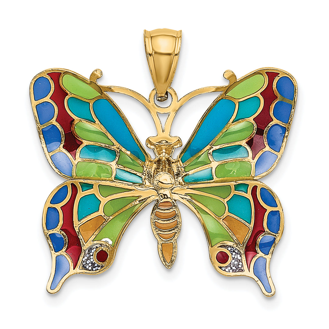 14K Yellow Gold Multi-color Enameled Butterfly Pendant