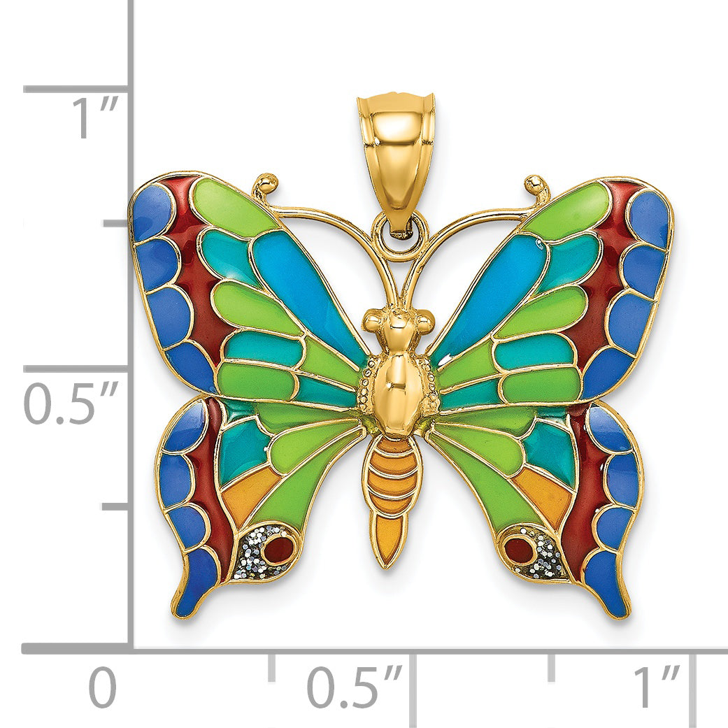14K Yellow Gold Multi-color Enameled Butterfly Pendant