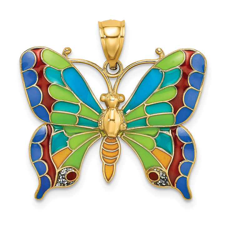 14K Yellow Gold Multi-color Enameled Butterfly Pendant