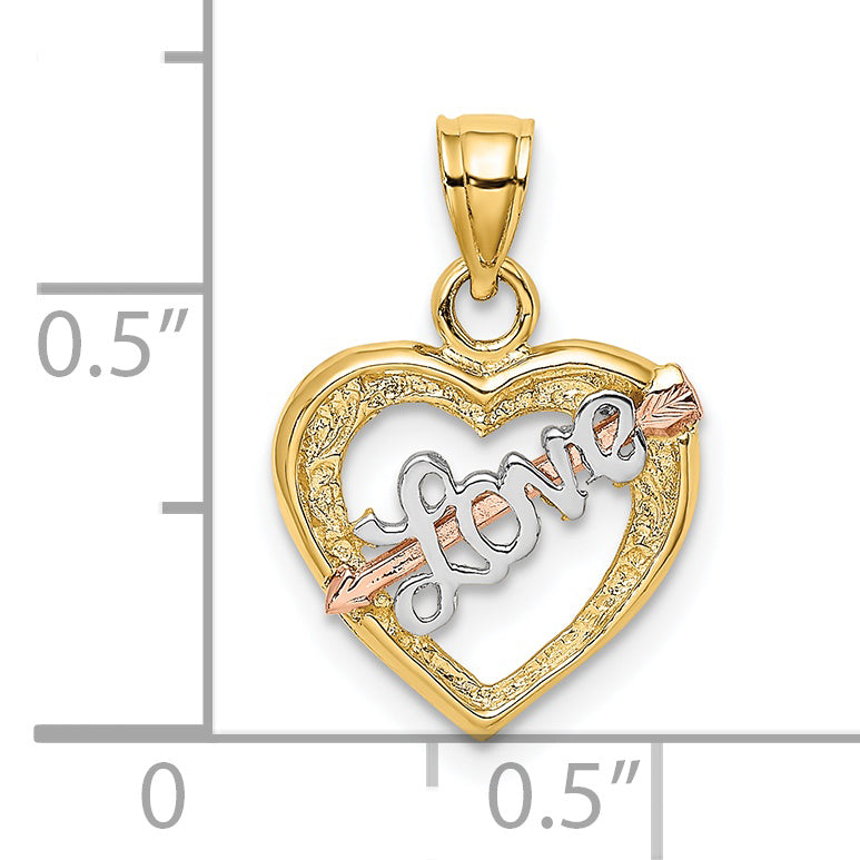 14k Yellow Rose Gold Rhodium LOVE Heart Arrow Pendant