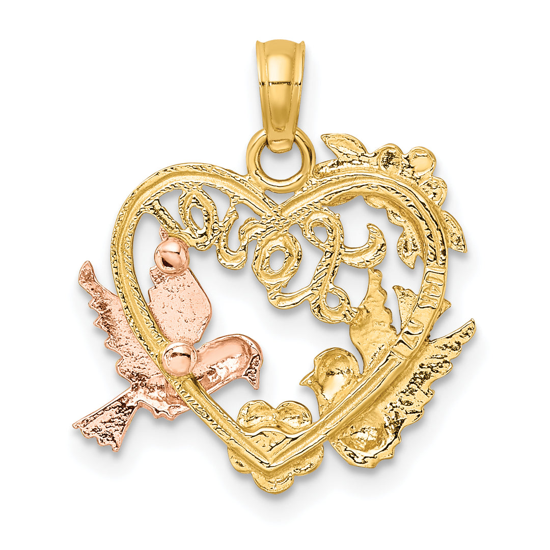 14k Yellow Rose Gold Rhodium LOVE Doves Heart Pendant