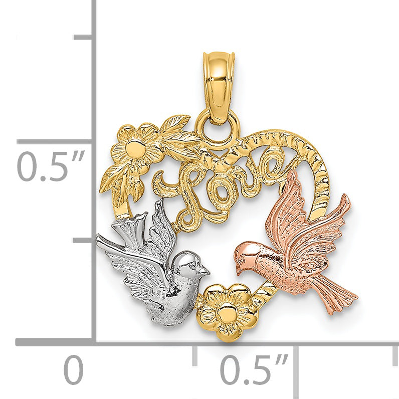 14k Yellow Rose Gold Rhodium LOVE Doves Heart Pendant