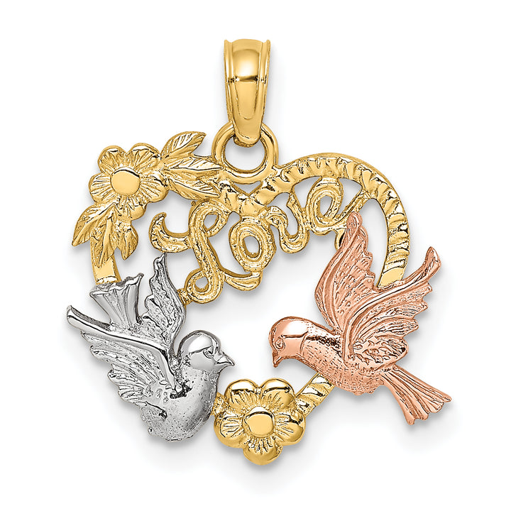 14k Yellow Rose Gold Rhodium LOVE Doves Heart Pendant