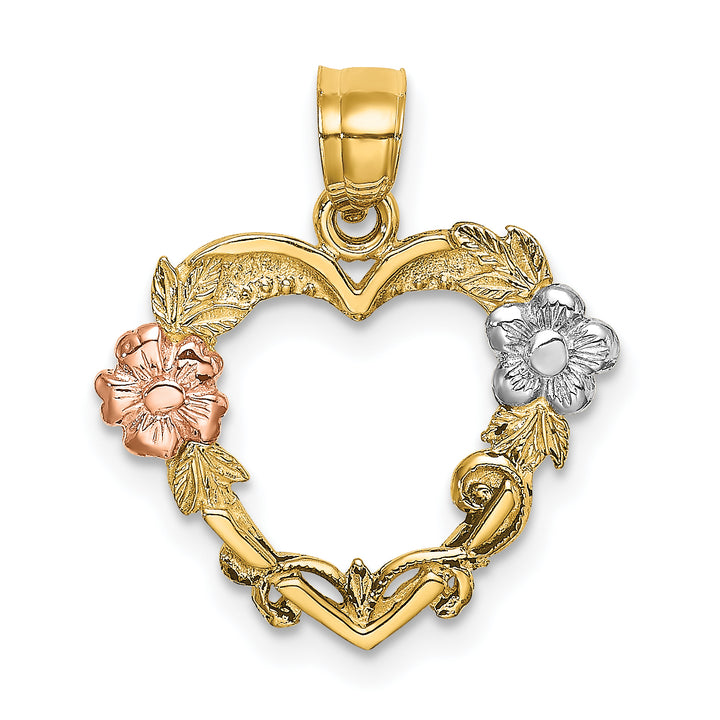 14k Two-tone with White Rhodium Flower In Heart Pendant