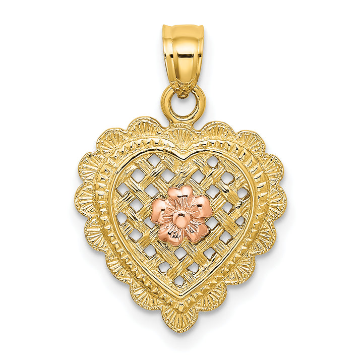 14k Yellow Rose Gold Flower In Heart Basket Design Pendant