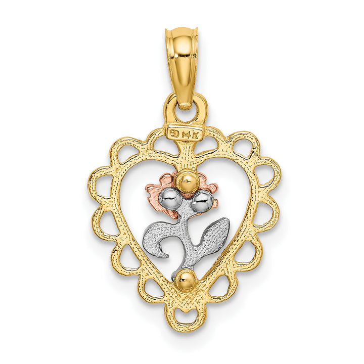 14k Two-tone White Rhodium Heart wth Rose and Lace Trim Pendant