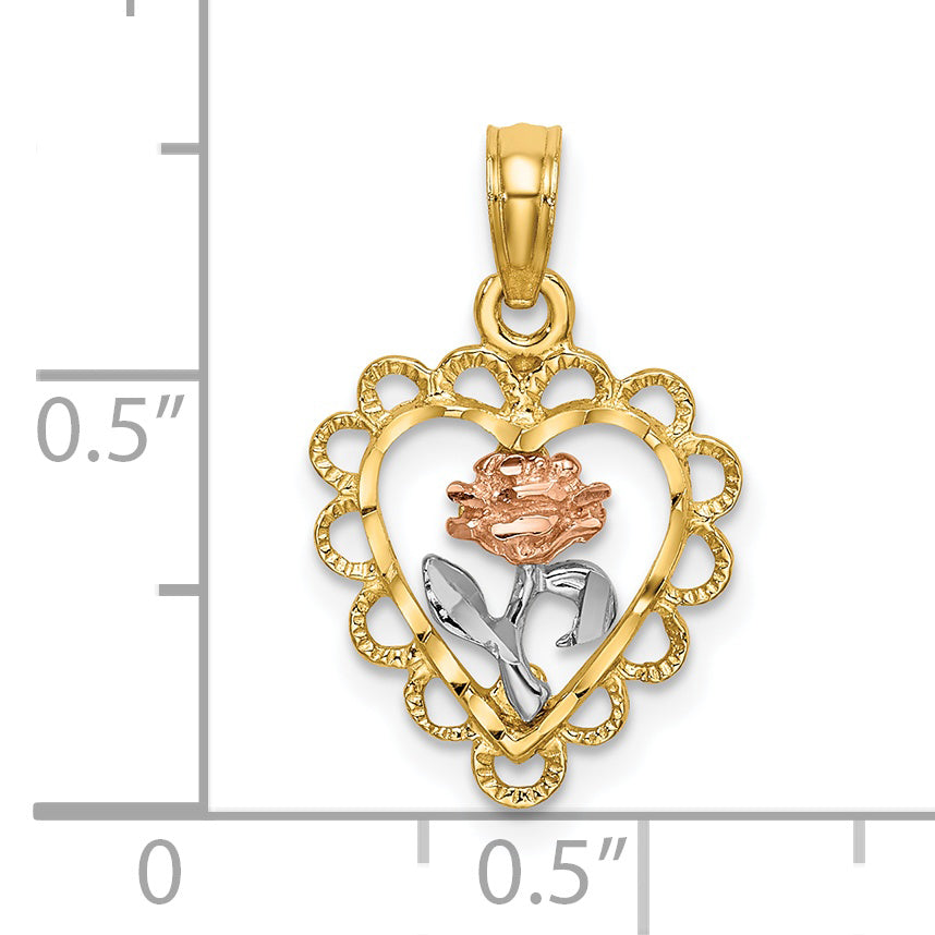 14k Two-tone White Rhodium Heart wth Rose and Lace Trim Pendant