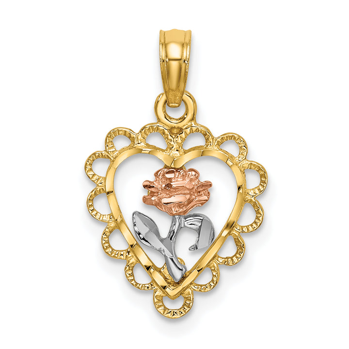 14k Two-tone White Rhodium Heart wth Rose and Lace Trim Pendant