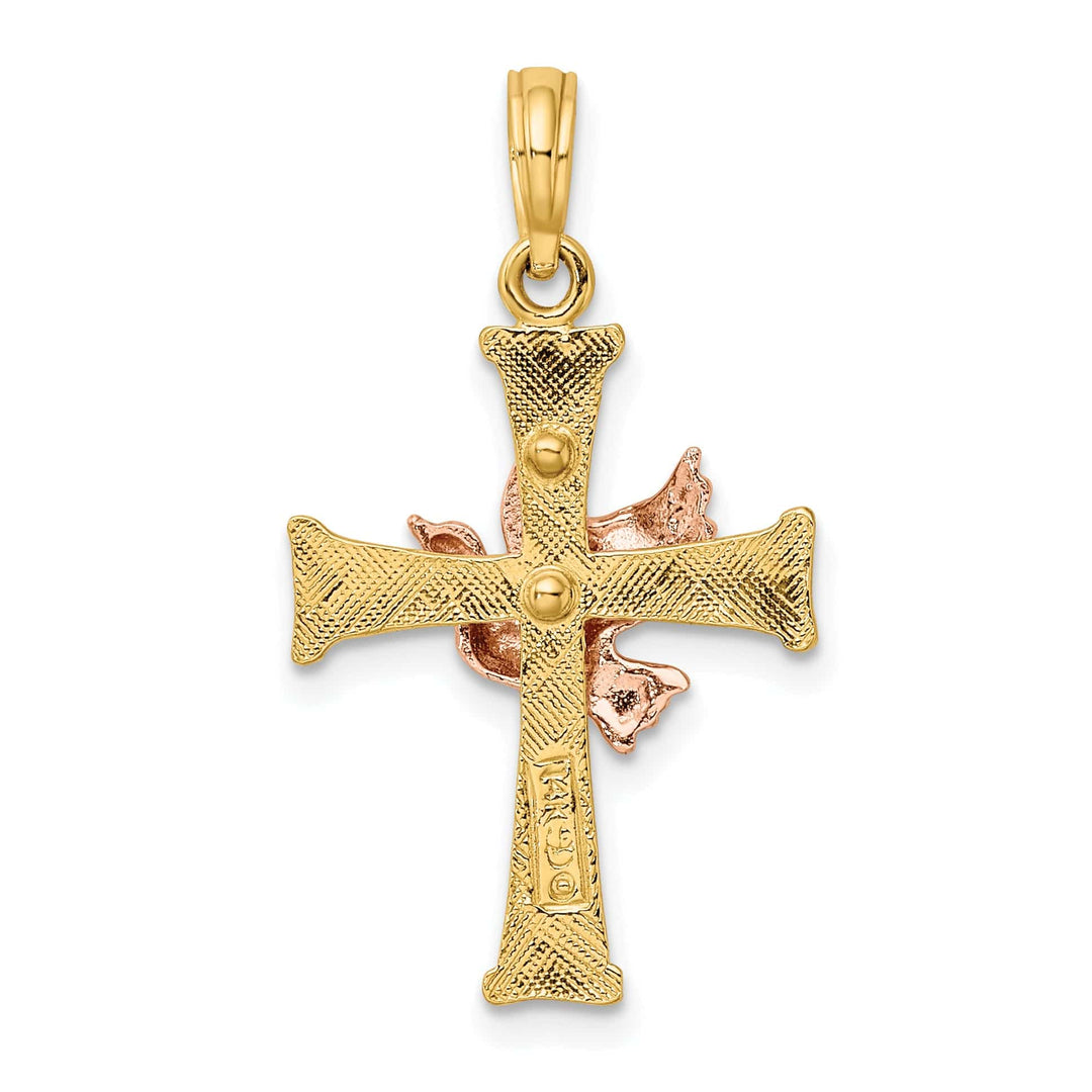 14k Two Tone Gold Artistic Design Cross with Dove Pendant