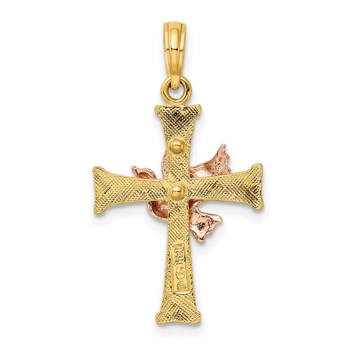 14k Two Tone Gold Artistic Design Cross with Dove Pendant