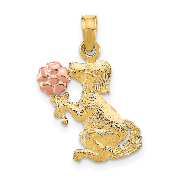 14k Two-Tone Gold Dog Holding Flower Design Pendant