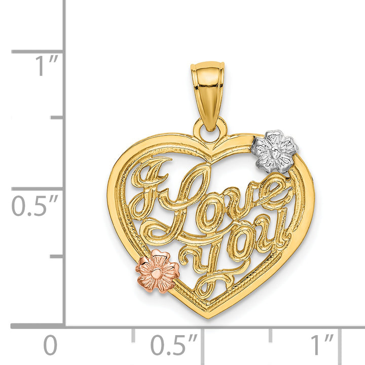 14k Two Tone Gold Rhodium I LOVE YOU Heart Flowers Pendant