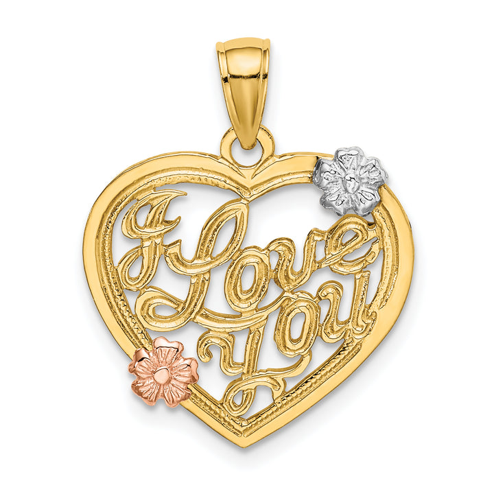 14k Two Tone Gold Rhodium I LOVE YOU Heart Flowers Pendant