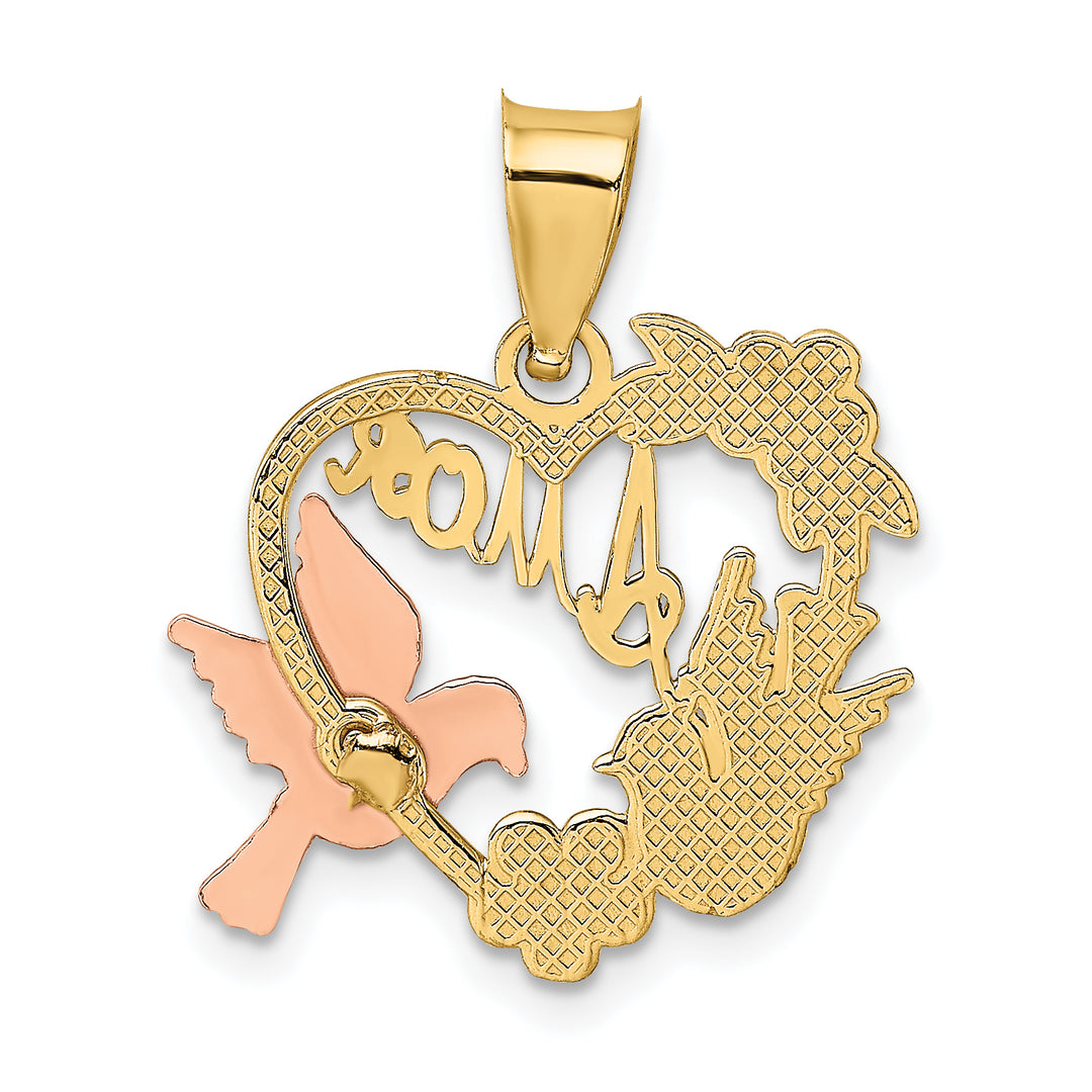 14k Two Tone Gold Rhodium AMOR Heart with Doves Pendant