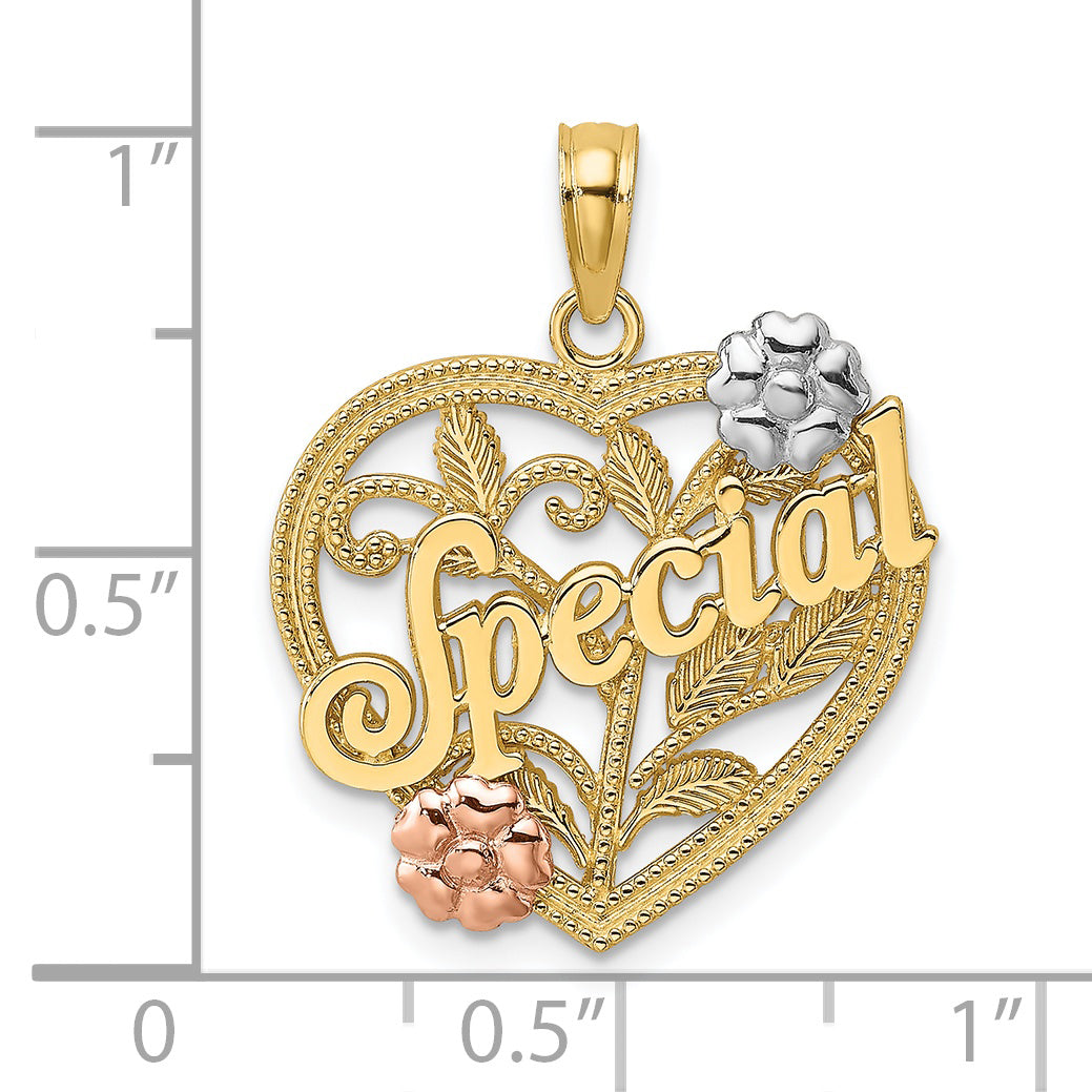 14k Two Tone Gold Rhodium SPECIAL On Heart Flower Pendant