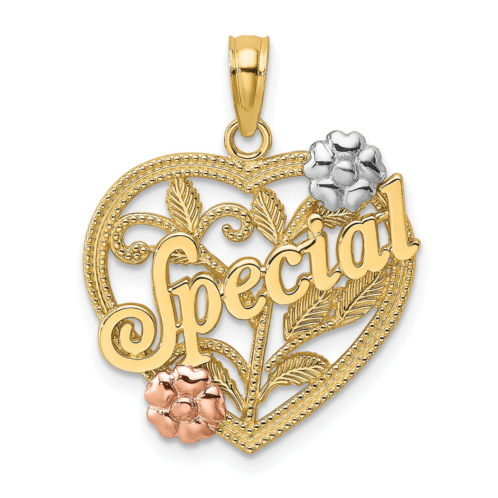 14k Two Tone Gold Rhodium SPECIAL On Heart Flower Pendant