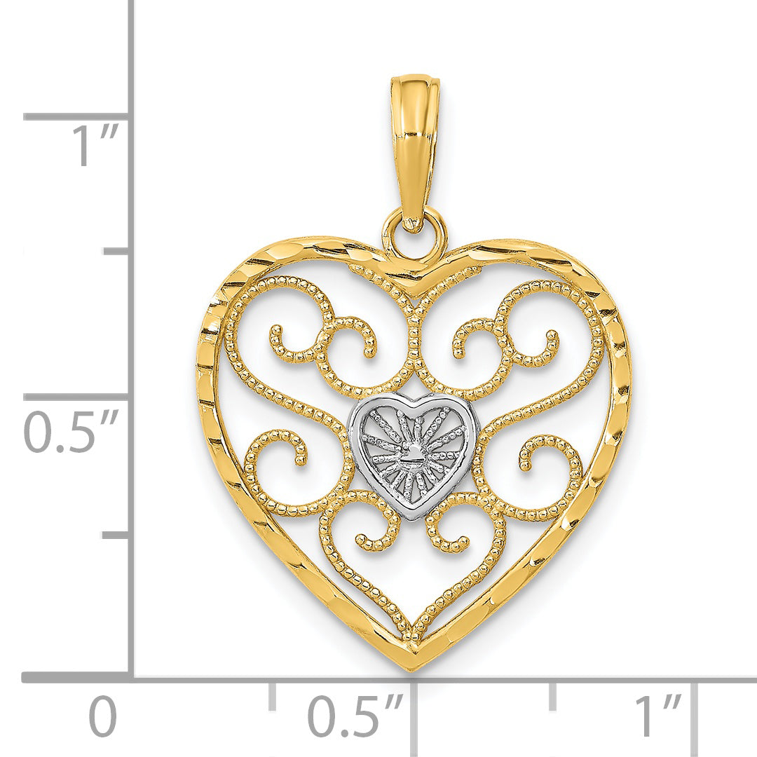 14k Yellow Gold Rhodium Filigree Beaded Heart Pendant