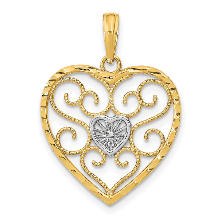 14k Yellow Gold Rhodium Filigree Beaded Heart Pendant