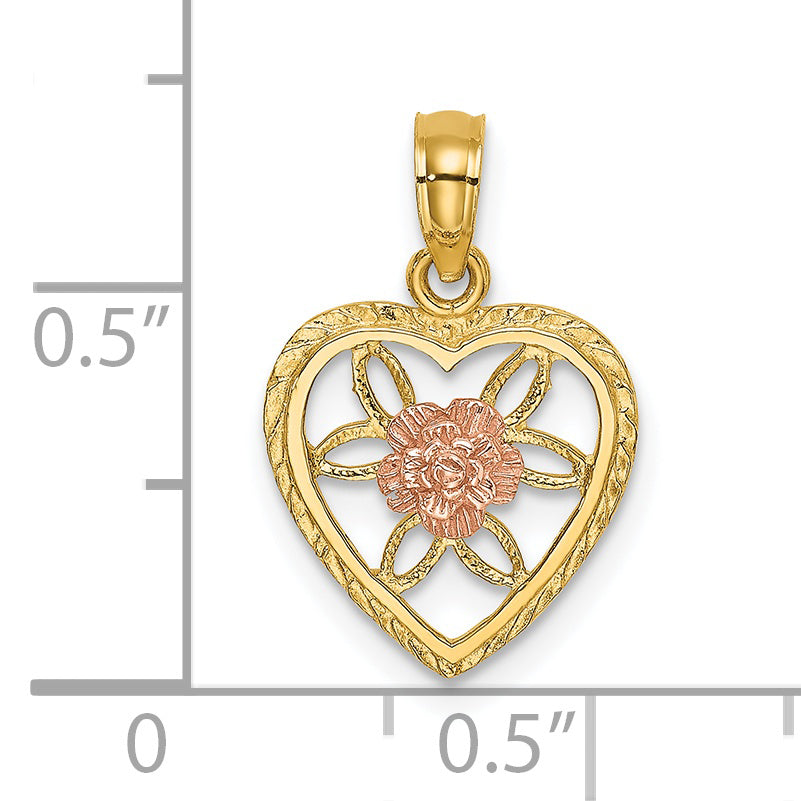 14k Two-Tone Gold Heart Flower Inside Pendant