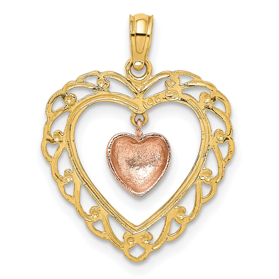 14k Yellow and Rose Gold Polished Dangling Heart In Heart Pendant