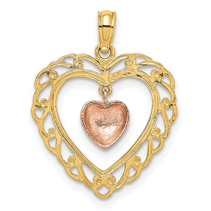 14k Yellow and Rose Gold Polished Dangling Heart In Heart Pendant